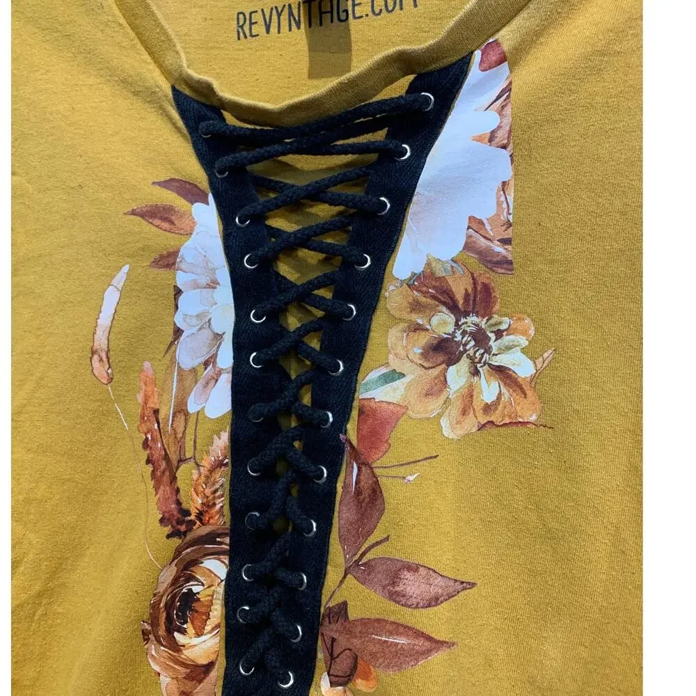 Hand Printed Upcycled Large Fall Leaves Floral Harvest Lace Up Short Sleeve Tee - Picture 4 of 4